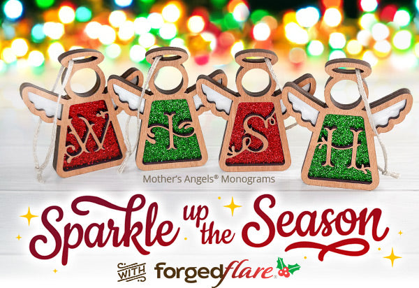 Decorative red and green angel ornaments with monogram letters against a festive background. Text reads Sparkle up the Season and Mother's Angels Monograms.