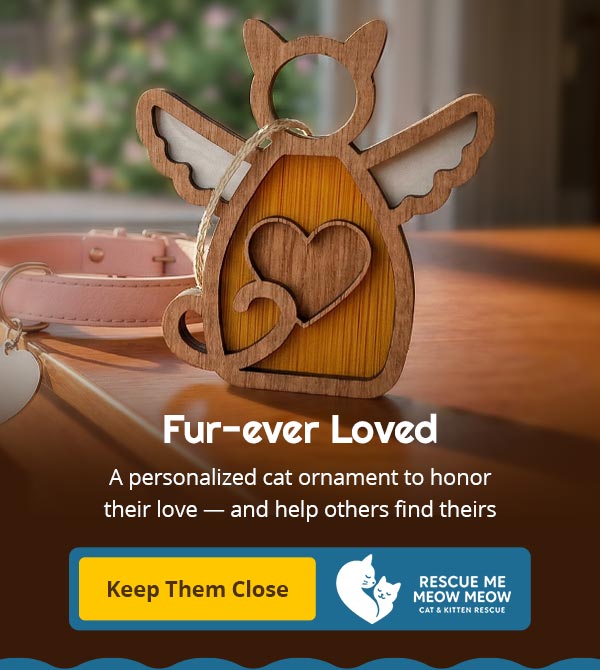 Wooden cat ornament with heart design on a wooden surface. Text reads: Fur-ever Loved. A personalized cat ornament to honor their love — and help others find theirs. Keep Them Close. Rescue Me Meow Meow Cat & Kitten Rescue.