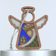 Wooden angel ornament with a stained glass-style design. Perfect for complementing your nativity set, there's also a string attached at the top for hanging.