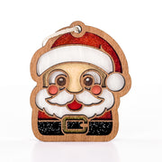 Front view of Santa Sweet Cheeks, a cute Santa Christmas ornament with rosy cheeks, white beard, and gold belt buckle