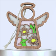 A wooden angel hawthorn ornament with a cutout design features white flowers with yellow centers and green leaves set against a pink background. It has a braided linen string attached for hanging. The angel's wings and halo are distinctly shaped, enhancing its decorative appeal.